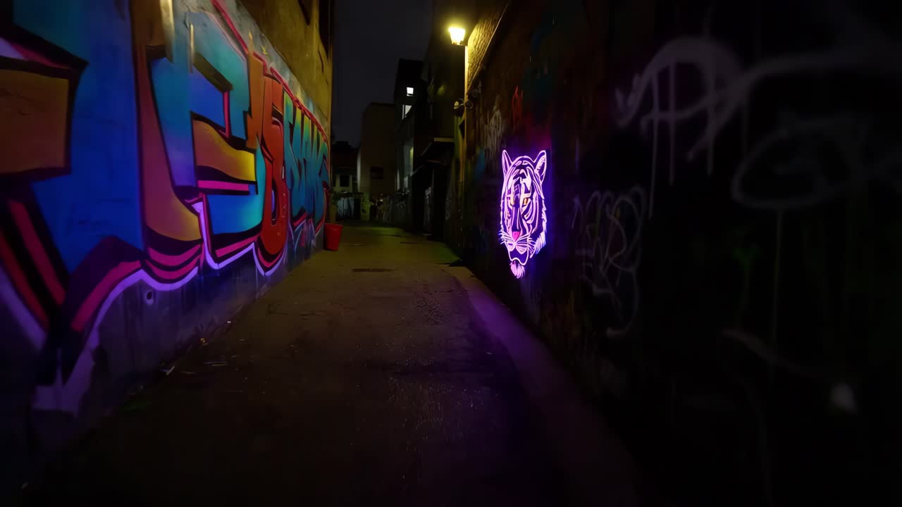 Graffiti di tigre al neon in un vicolo cittadino di notte
