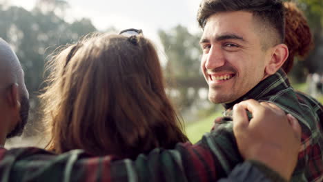 Happy,-face-and-man-with-friends-on-lake