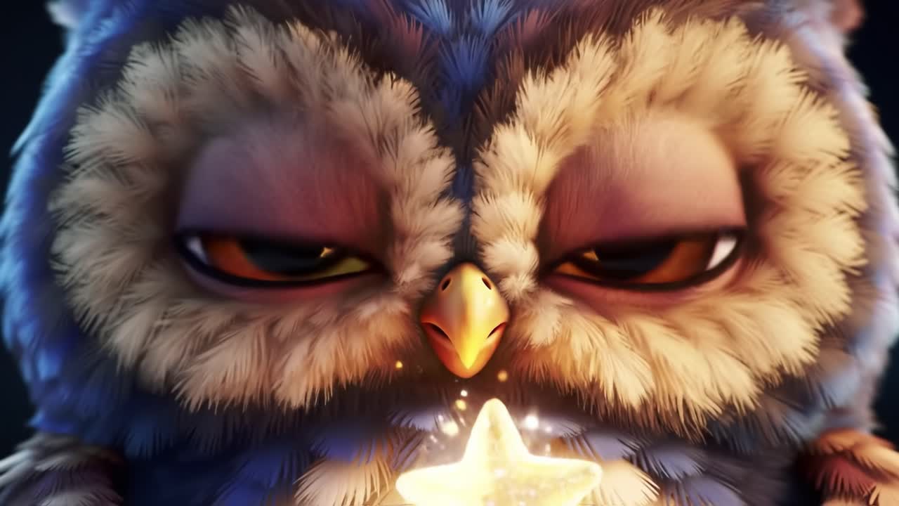 A Charming Owl Holding a Twinkling Star: An Enchanting Animation of a Playful Creature Captivating with Its Large, Expressive Eyes and Magical Stardust
