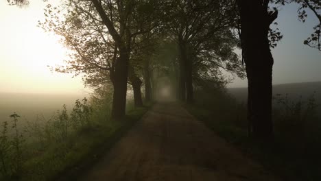 Luftdrohne-Fliegt-Bei-Sonnenaufgang-Rückwärts-Durch-Eine-Neblige-Gasse,-Wobei-Starkes-Licht-Durch-Eine-Gasse-Reflektiert-Wird