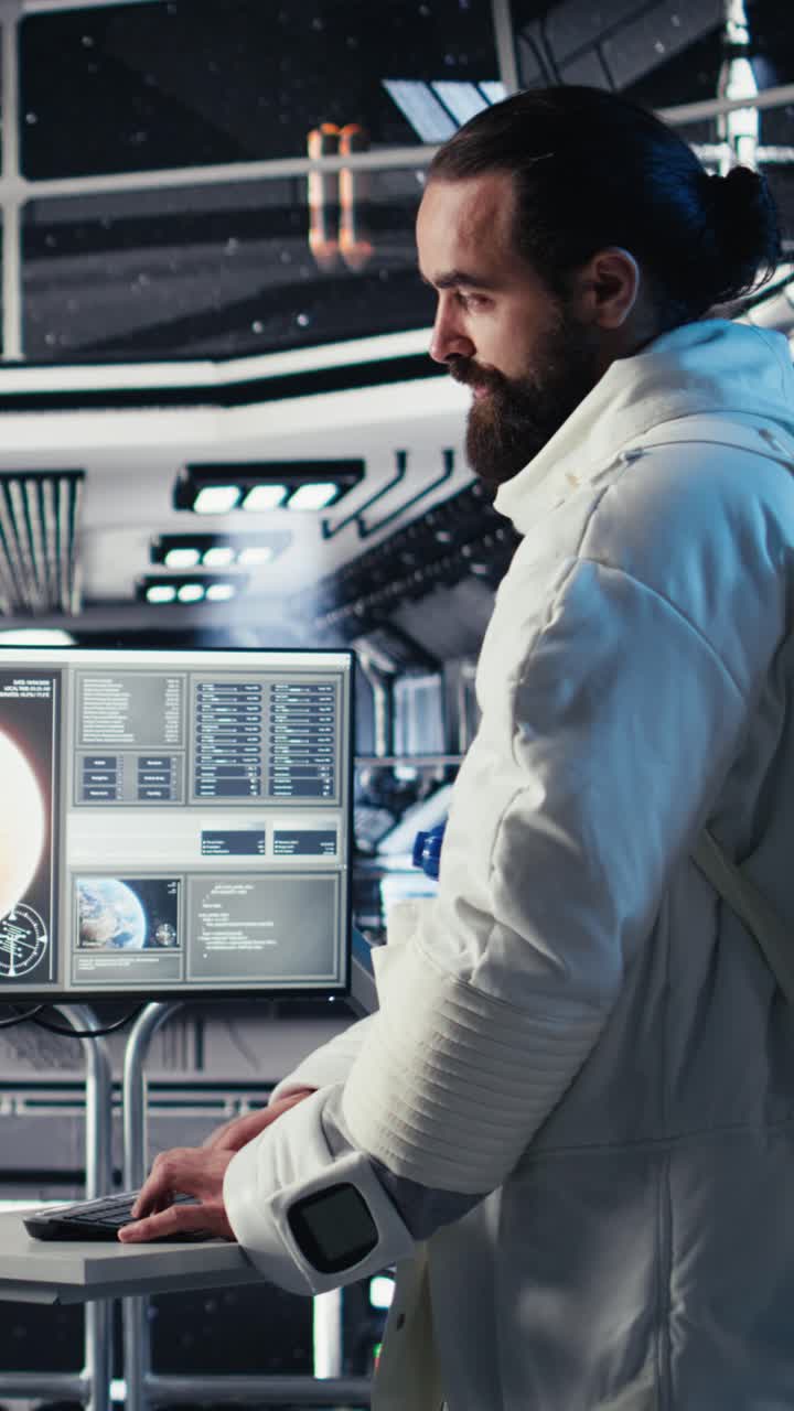 Vertical video Astronauts discussing last details before stepping out outside space station