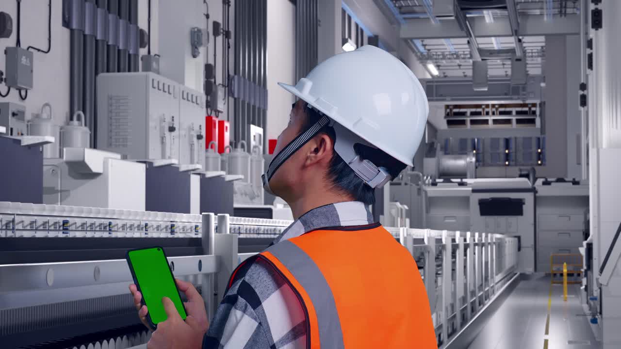 Close Up Back View Of Asian Male Engineer With Safety Helmet Working On A Green Screen Smartphone And Looking Around While Standing At Pharmaceutical Factory, Vaccine Production Facility