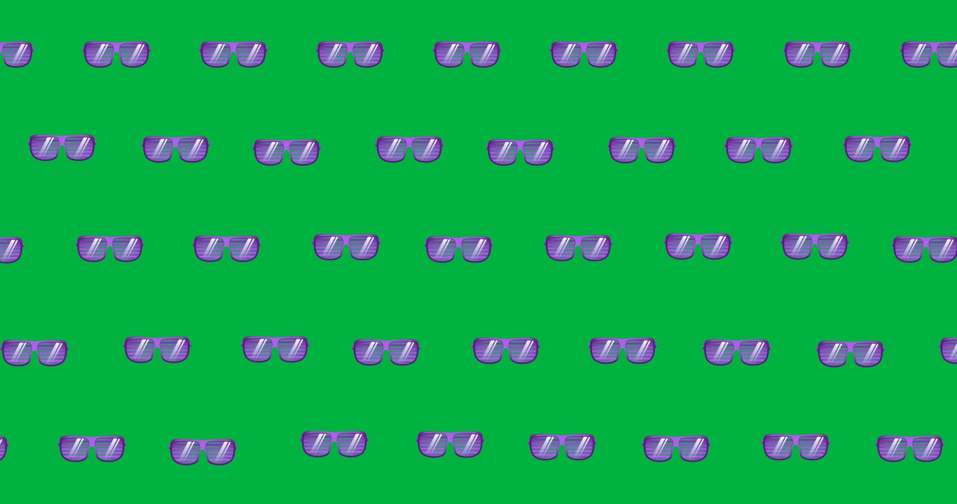 Digital animation of multiple purple party glasses icons in seamless pattern on black background