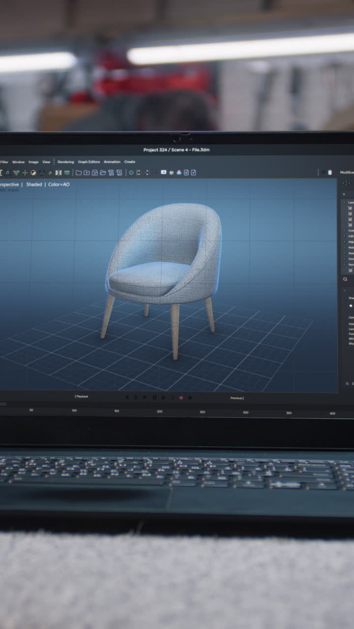 pantalla de portátil con programa de ia profesional mostrado para el diseño de muebles futuristas. modelo digital 3d de elegante silla de madera para proyecto de carpintería. disparo vertical