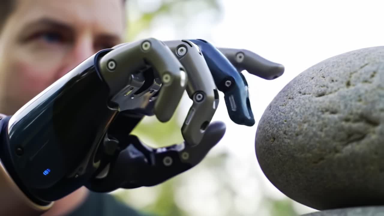 Person with Bionic Arm Interacting with a Rock