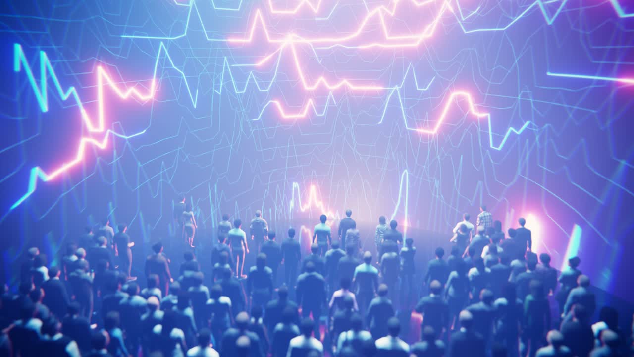 Futuristisk menneskemængde ser på glødende datavisualisering.