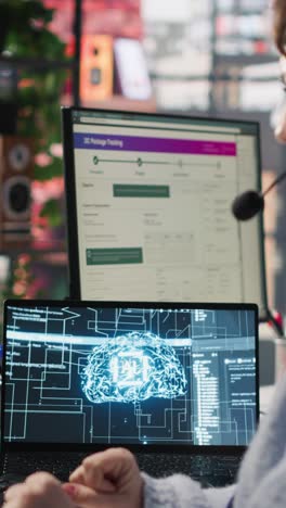 vertical video worker providing live chat support, typing on keyboard, using ai chatbot