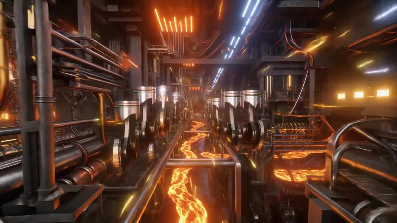 Interior de fábrica industrial futurista con metal fundido fluyendo a través de tuberías