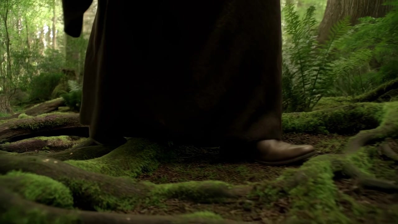 Brown boots step across exposed roots carpeted with vivid moss as long dark clothing moves through a leafy forest, captured close to ground beneath soft filtered daylight.