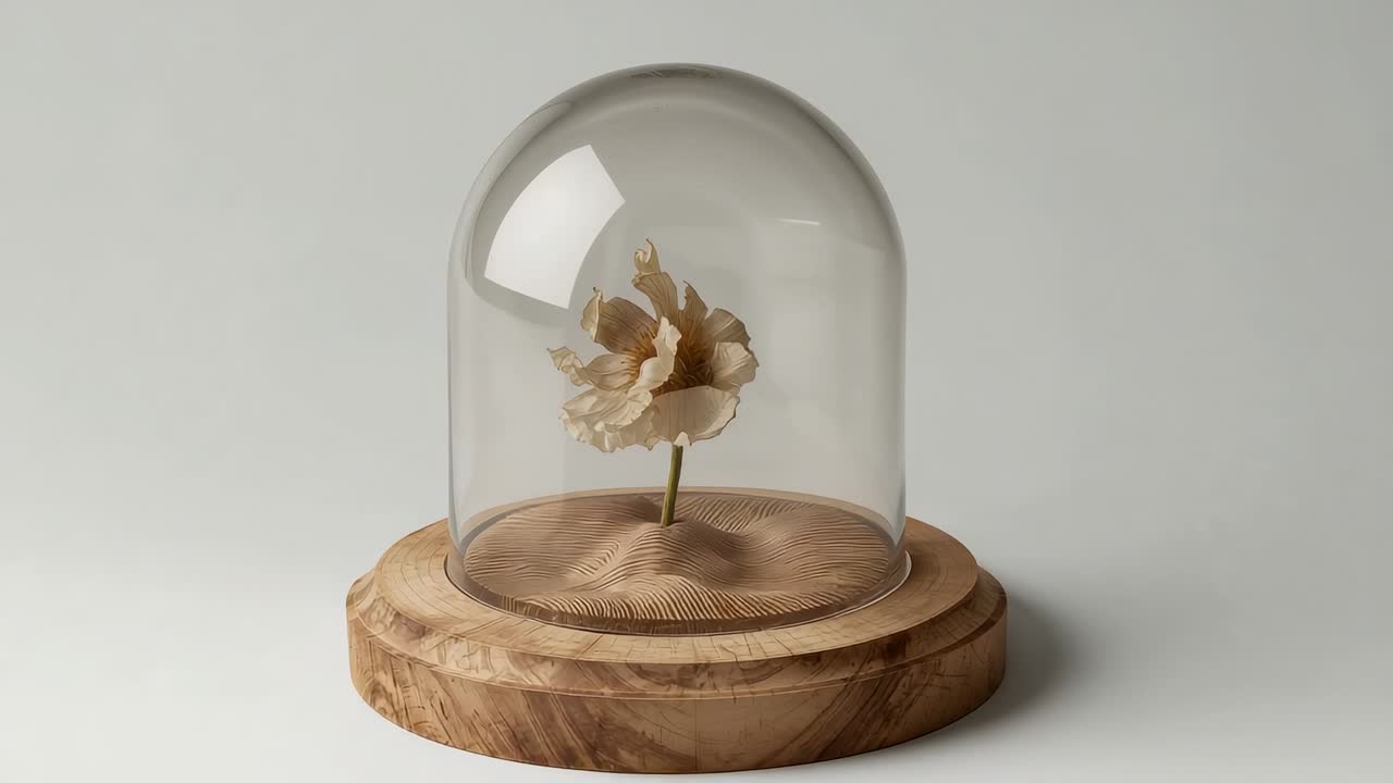 Shifting lighting, revealing glass dome over beige flower on rippled sand on wood base in studio