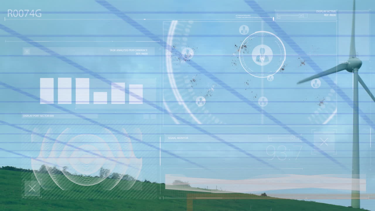 White wind turbine tower spinning over green hillside, displaying translucent HUD charts and grids