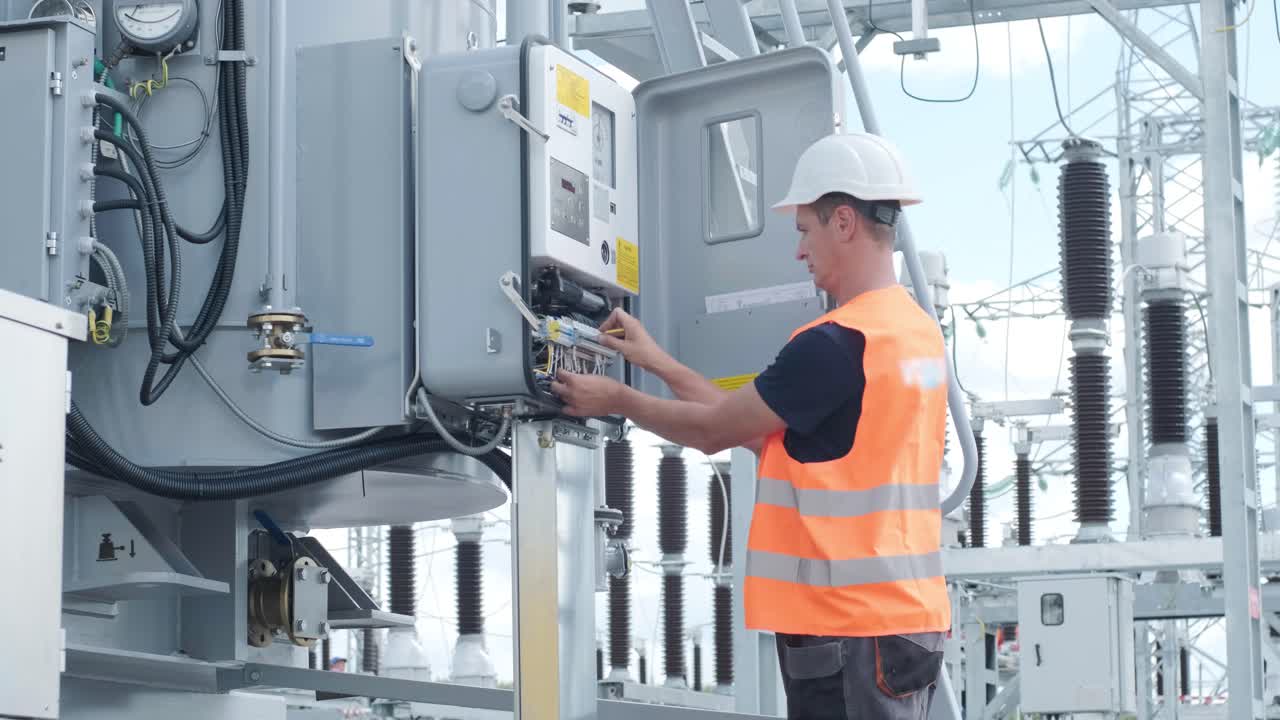 los ingenieros eléctricos inspeccionan los sistemas eléctricos en el gabinete de control de equipos