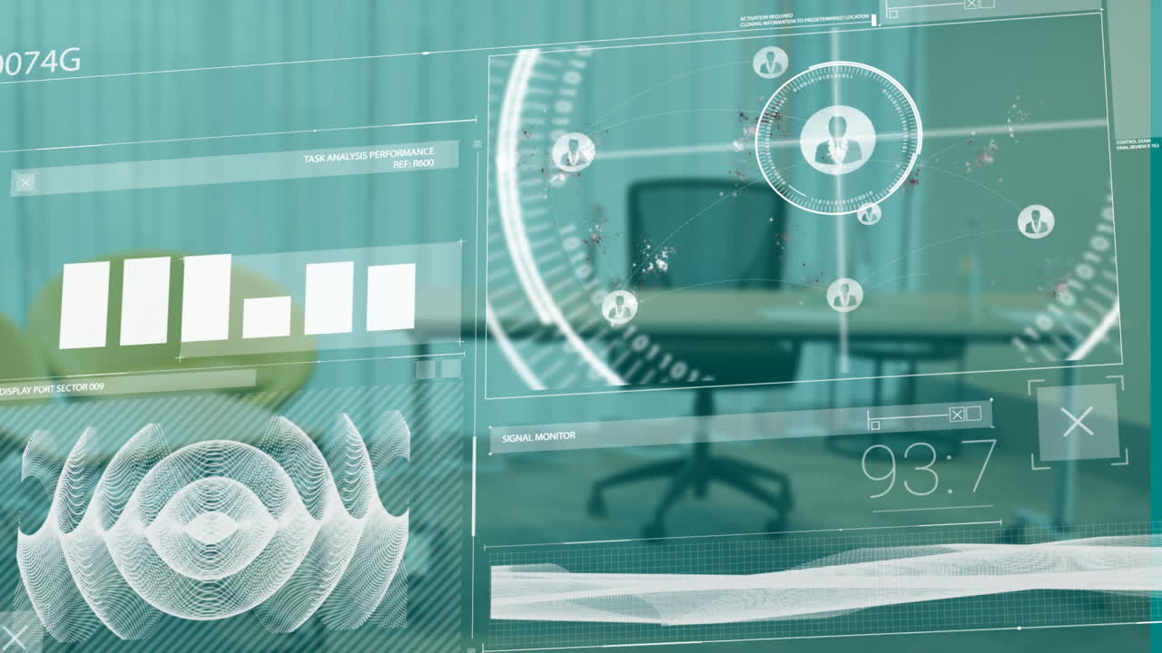 Data analytics and network connections on digital interface in office animation