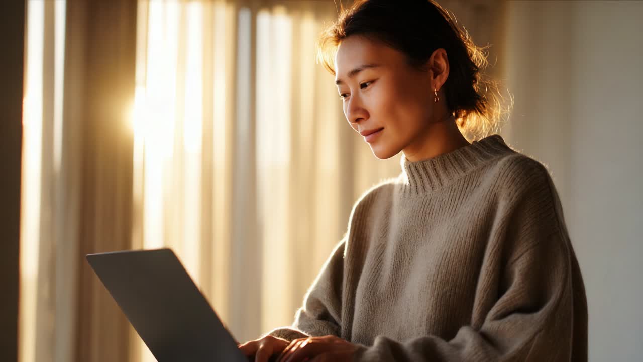 A moment of focus and tranquility: A young woman immersed in her work on a laptop, illuminated by soft sunlight streaming through sheer curtains, embodying concentration and productivity in a serene atmosphere