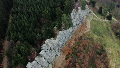 aerial shot of rock wall in mountainous forest landscape, travel destination in czech republic