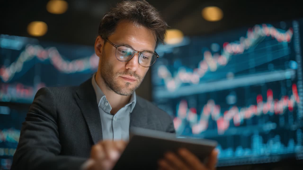 Focused Professional Analyzing Data Trends and Financial Charts on a Tablet in a Modern Office Environment with Graphs Displayed on Screens