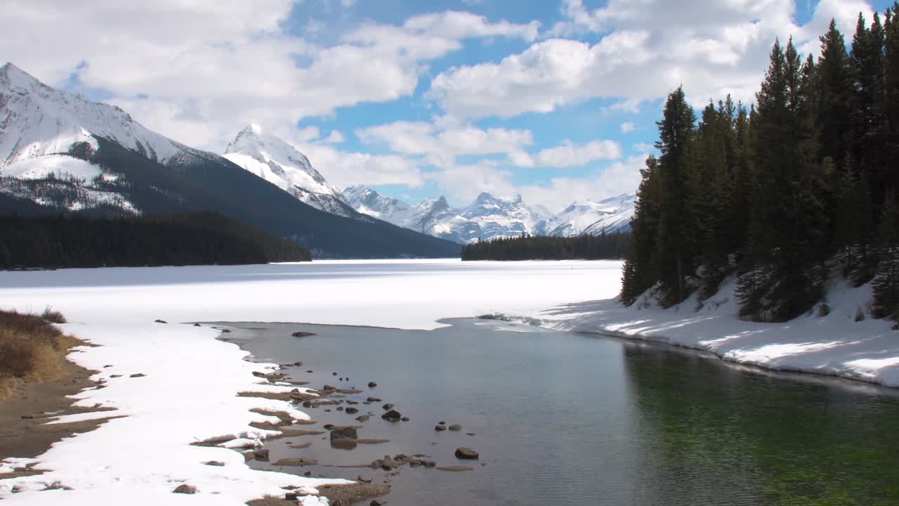 lapso de tiempo del lago maligne al final del invierno
