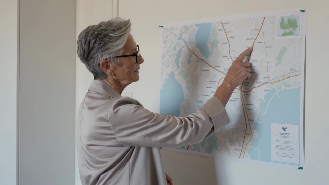 Mulher idosa entrando, com sobretudo bege, apontando para um mapa fixado no escritório, localizando um cruzamento, espaço para texto.