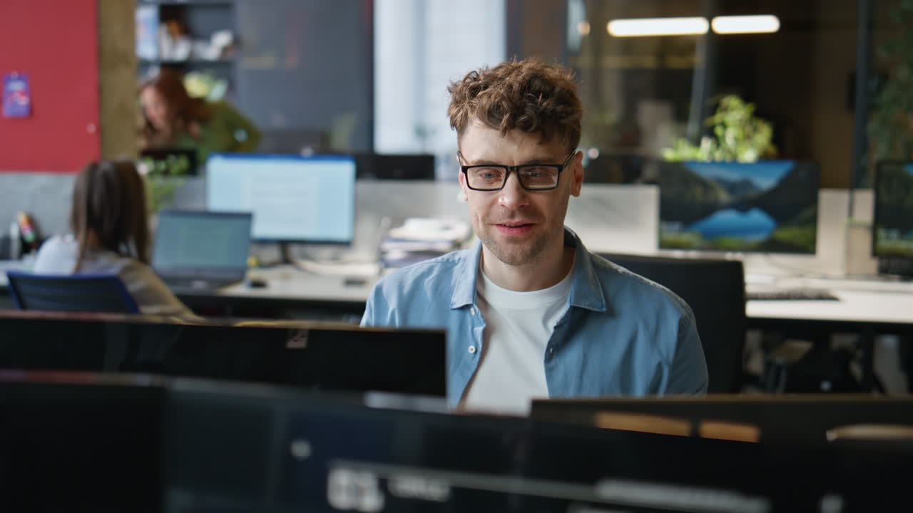 Amazed worker looking computer in office closeup. Boss receiving great news