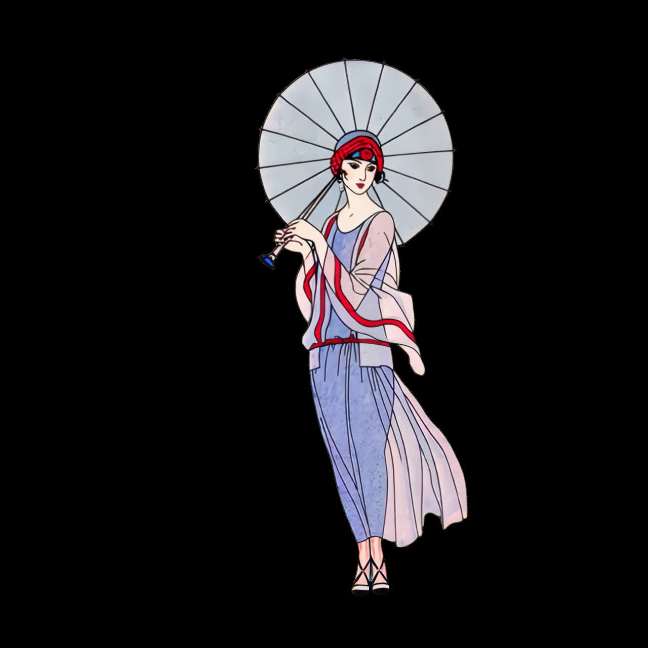 Illustrazione Art Déco di donna flapper che tiene un parasole