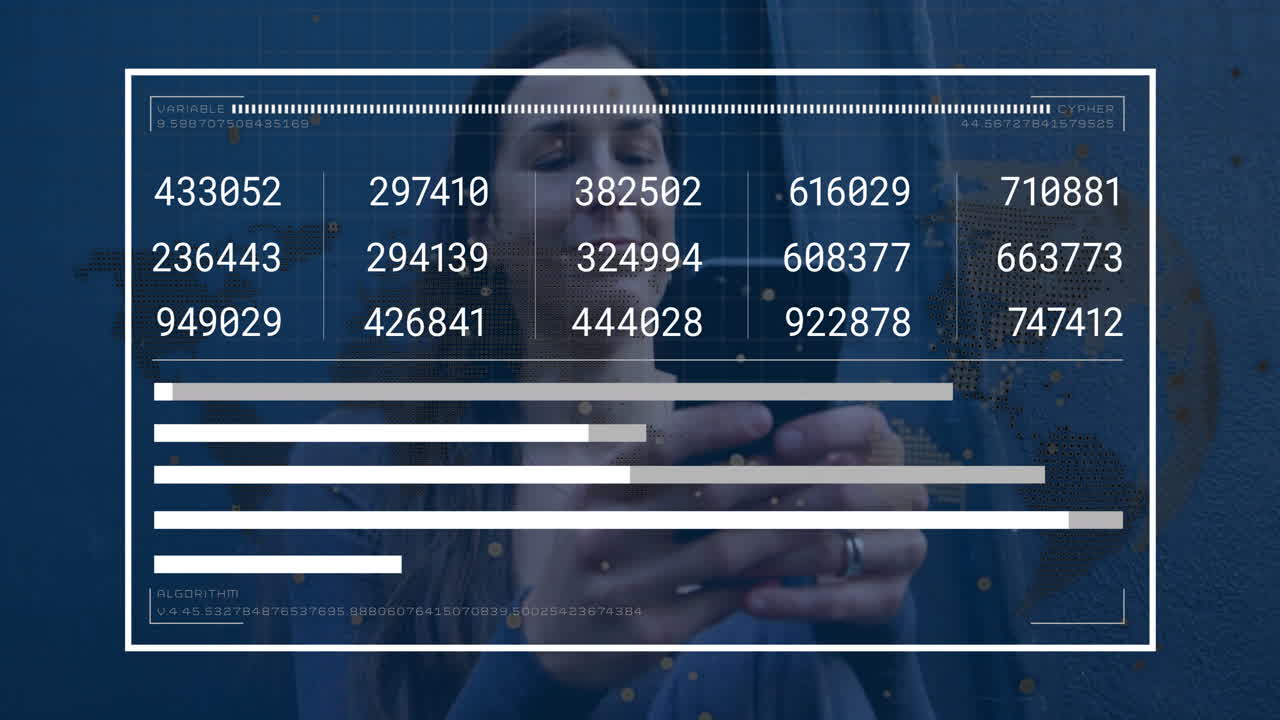 Using smartphone, woman viewing data processing animation overlay in school setting