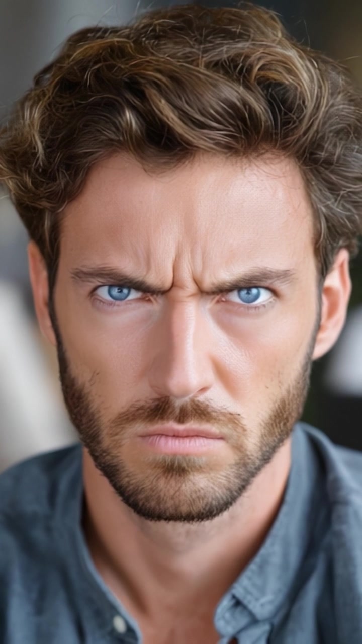 Intense Facial Expression Captured in Two Frames: The Transition of a Man's Serious Gaze and Unyielding Stare, Showcasing a Range of Emotions in Each Shot.