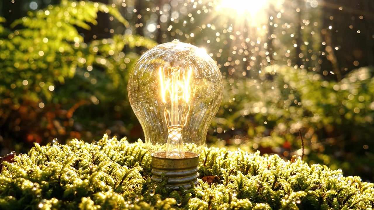 A Glowing Light Bulb Illuminating a Dewy Forest Floor Under the Sunlight, Surrounded by Lush Greenery and Captivating Nature Elements
