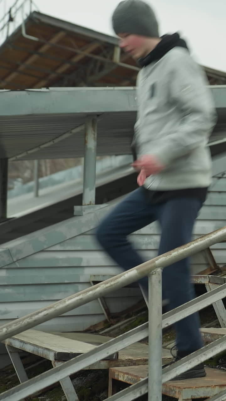 A young boy wearing a gray sweater and a black beanie sprints up and down rusty iron staircase, with the background of metal roofs and surrounding structures