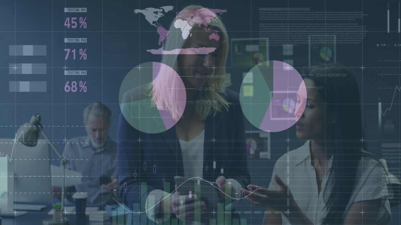 Animation of financial data processing over diverse business people in office