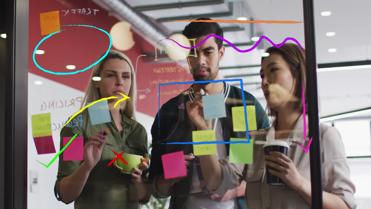 animación del dibujo de la interfaz sobre un grupo de diversas personas de negocios discutiendo en la oficina