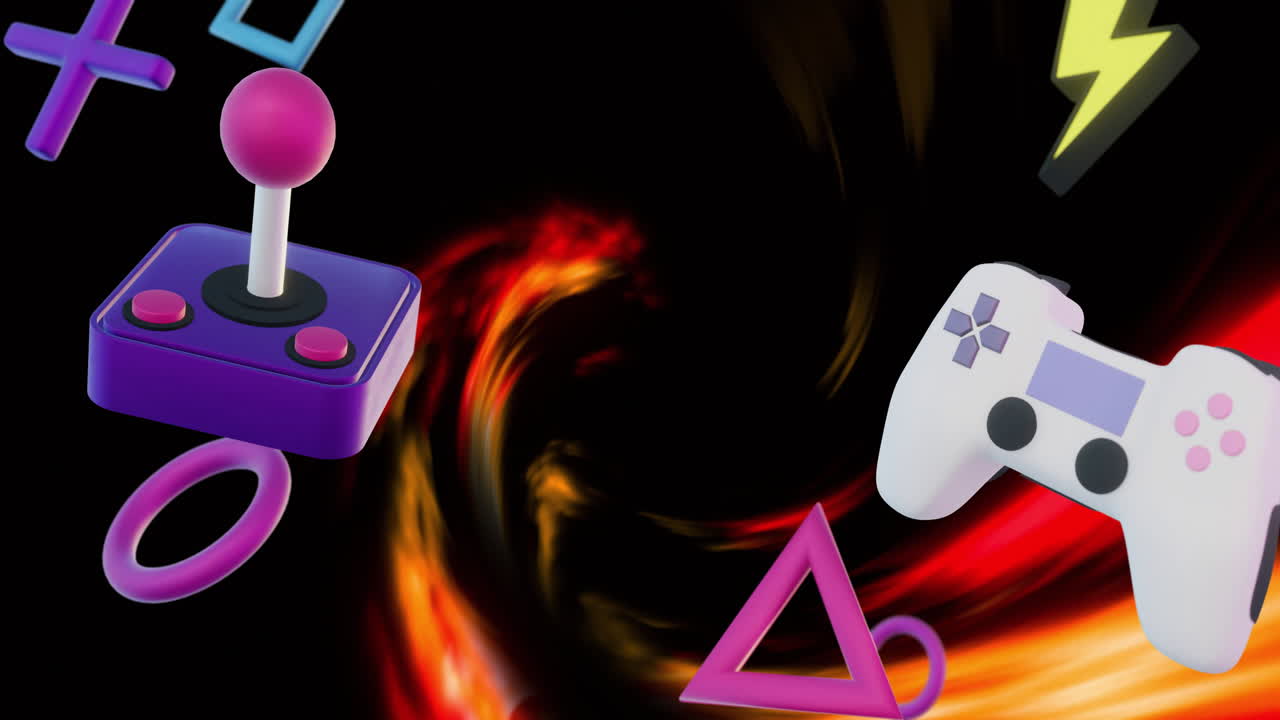 Game controller, dynamite, and geometric shapes animation over swirling fiery background