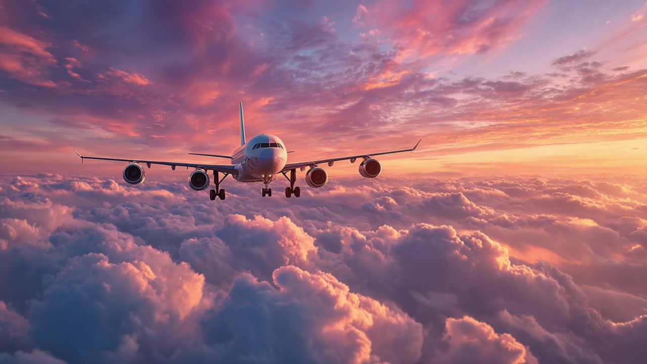 Captivating View of an Aircraft Soaring Through the Vibrant Skies Over Fluffy Clouds During a Breathtaking Sunset, Emphasizing the Beauty of Aviation and Nature's Splendor