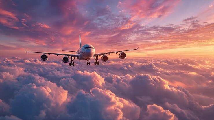 Captivating View of an Aircraft Soaring Through the Vibrant Skies Over Fluffy Clouds During a Breathtaking Sunset, Emphasizing the Beauty of Aviation and Nature's Splendor