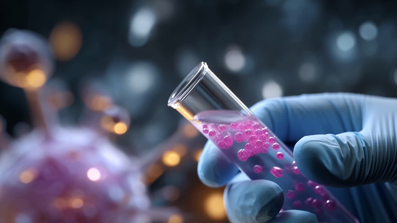 A close-up view of a laboratory technician meticulously adding a vibrant liquid into a test tube while examining the surrounding scientific context in a high-tech setting