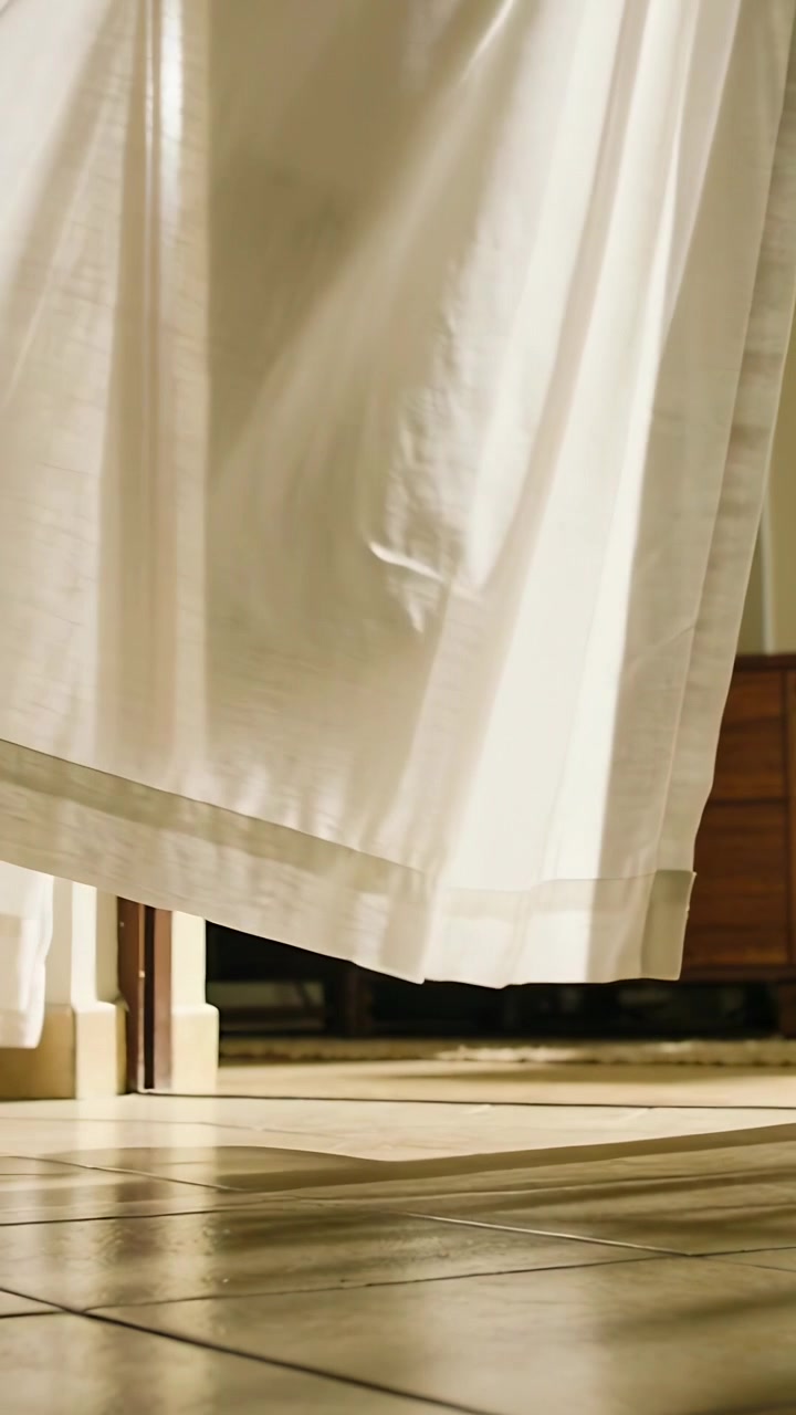 Vertical video: Breeze entering door moving cream curtain over tile floor, revealing dresser shape