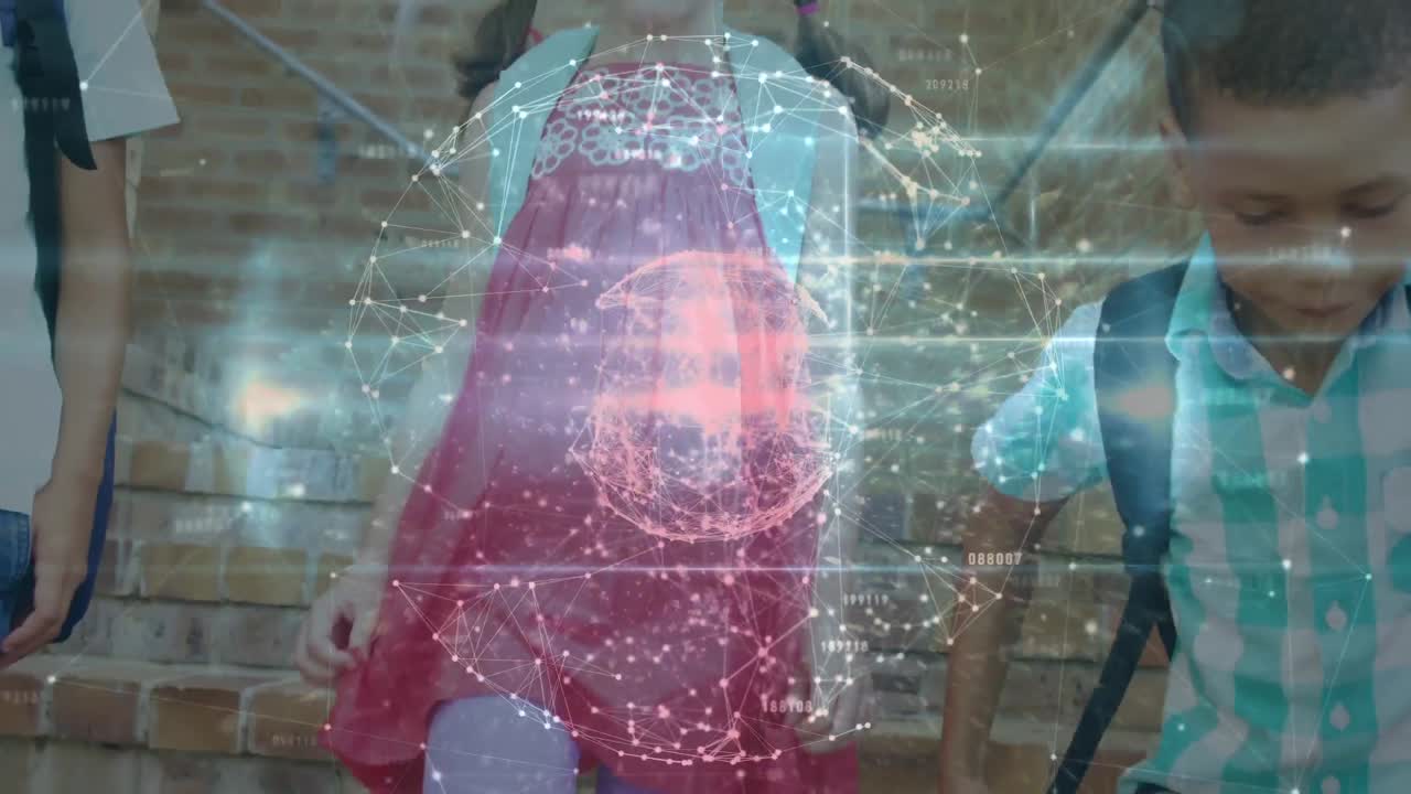 globo de red de conexiones contra un grupo de niños de escuela en la escuela primaria