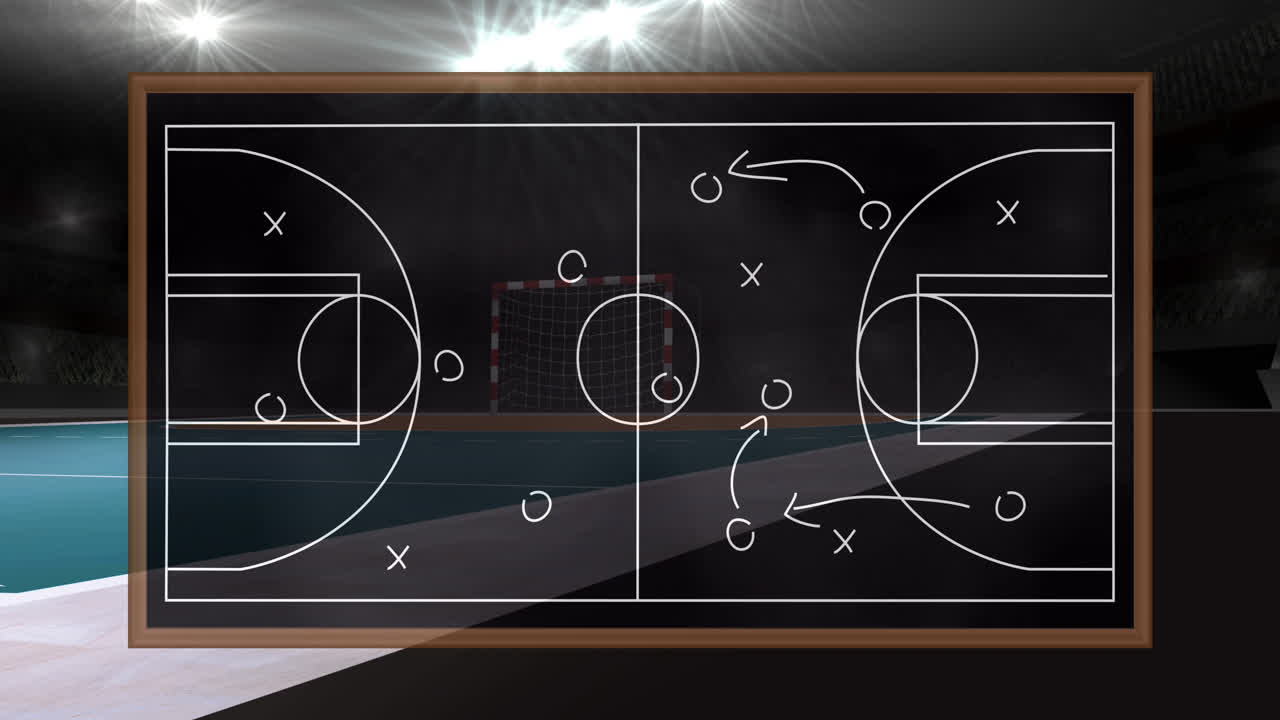 Animation of game plan on board over sports stadium