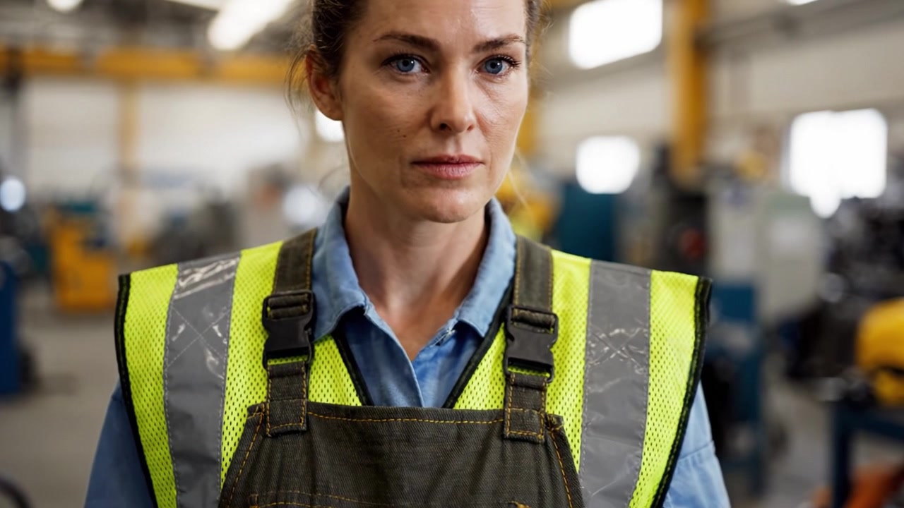 Trabalhadora Focada em Ambiente Industrial: Uma Forte Presença Feminina com Equipamento de Segurança de Alta Visibilidade, Capturada em um Momento de Determinação e Resolução