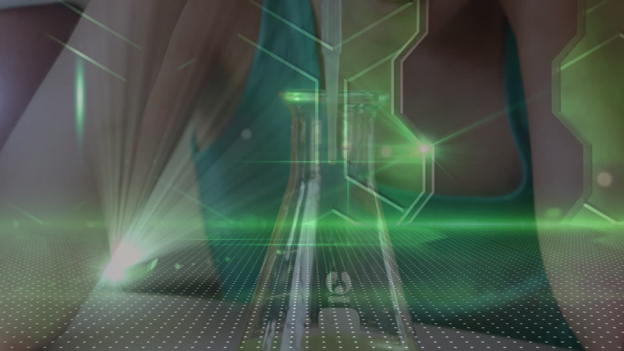 animación de formas sobre colegiala caucásica haciendo experimentos