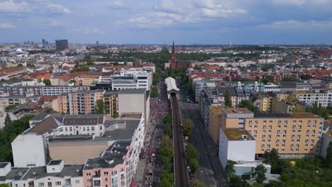 lovely aerial top view flight csd pride love parade 2023 in city berlin germany summer day