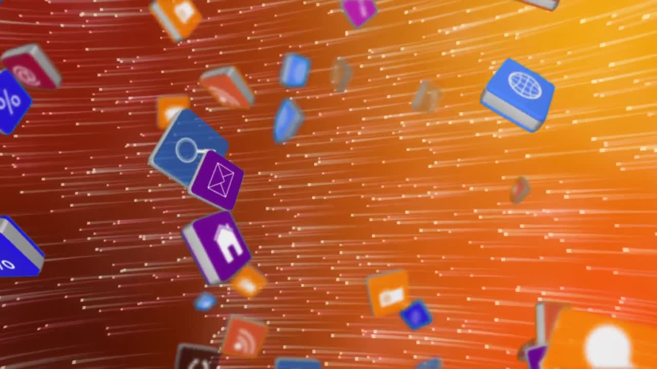 animación de senderos blancos e iconos de medios en fondo rojo