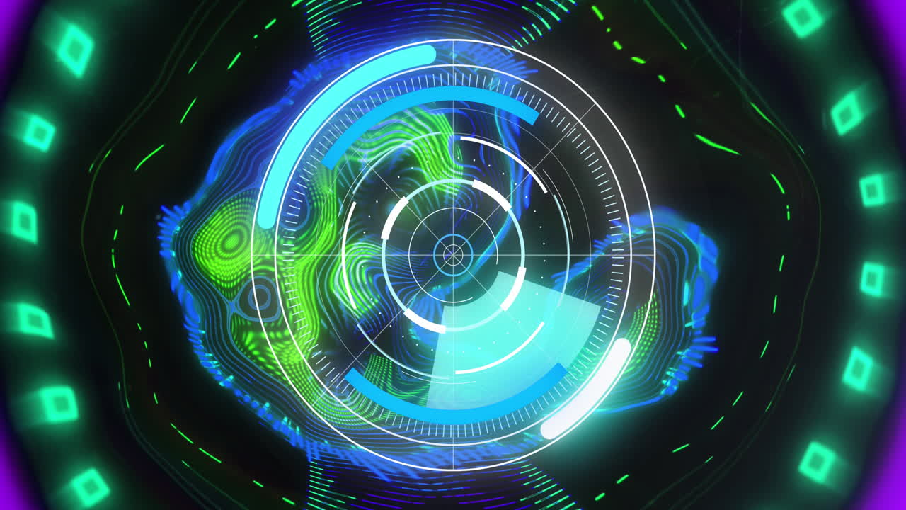 검은 바탕에 왜곡된 데이터 로딩 링 위에 회전하는 원형 스캐너