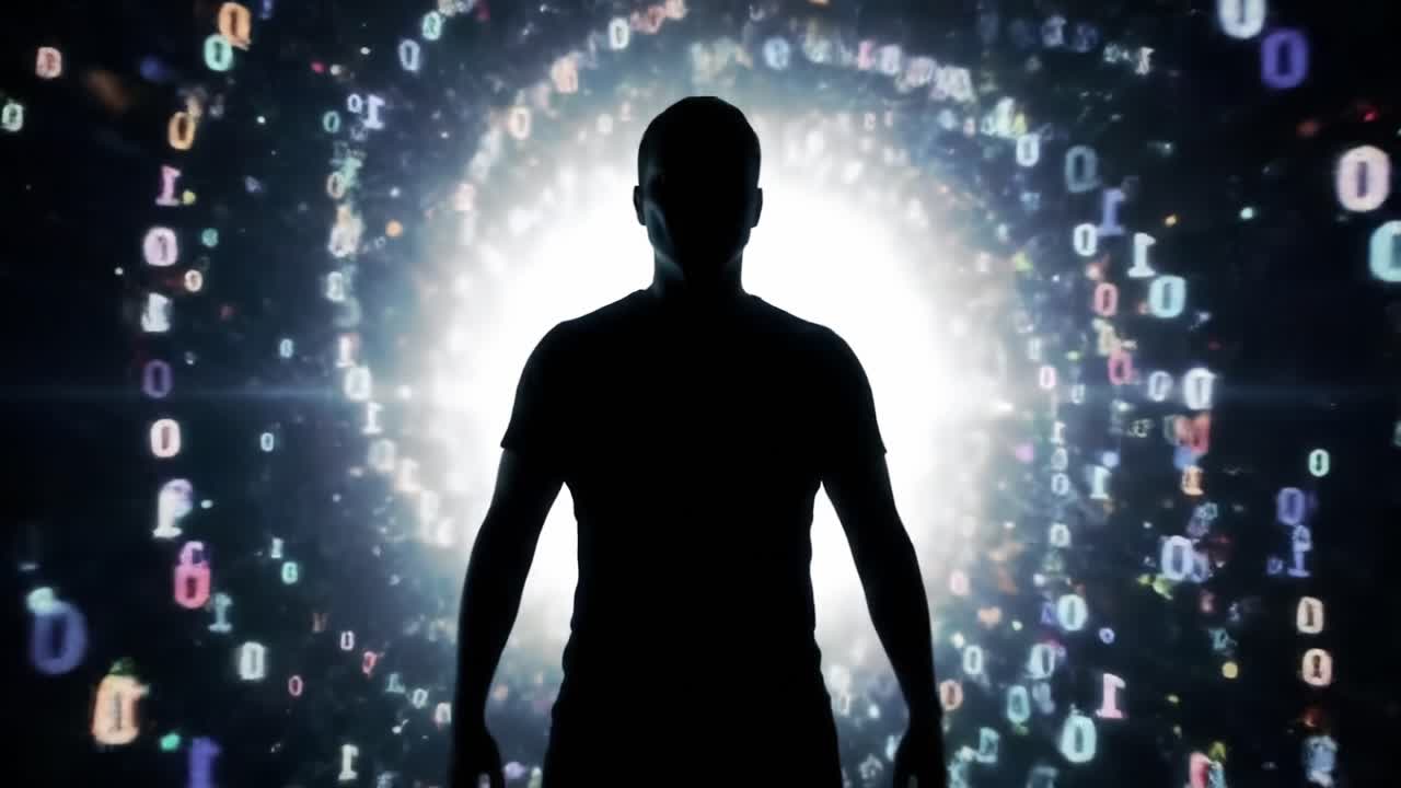 A silhouetted figure stands against a swirling vortex of binary digits, symbolizing the intersection of humanity and technology in a mesmerizing digital landscape