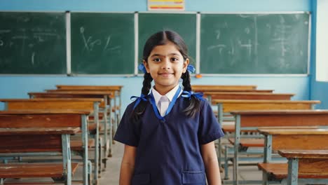 Portrait of a smiling female student standing in a classroom with a blackboard and desks, representing education, learning, and back to school