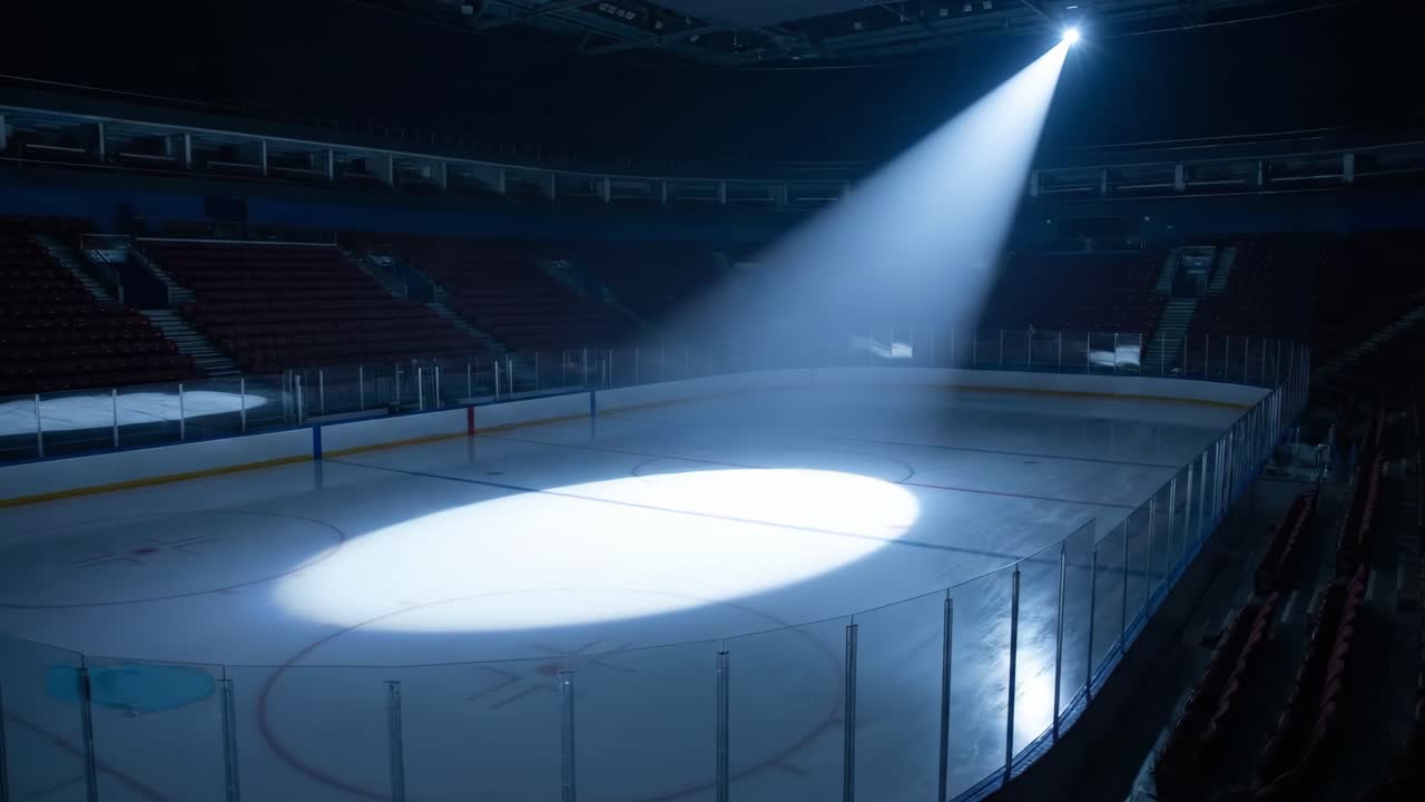 Faretto drammatico su pista da hockey su ghiaccio vuota in un'arena buia