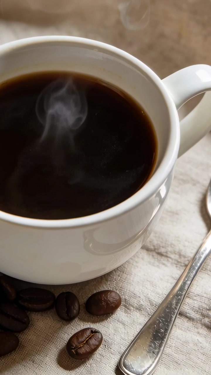 Video vertical: Café negro recién servido en taza blanca desprendiendo vapor sobre un paño, con una cuchara.