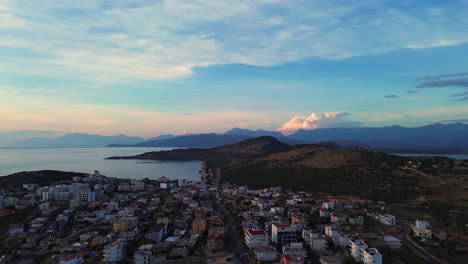 ksamil holiday resort islands albania, aerial view at sunset sunrise landscape