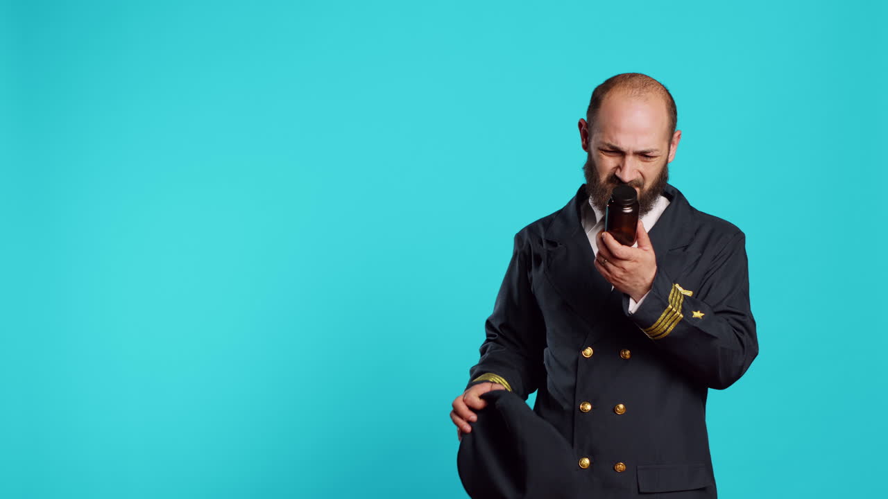 Capitano dell'equipaggio di volo che guarda delle confezioni di vitamine