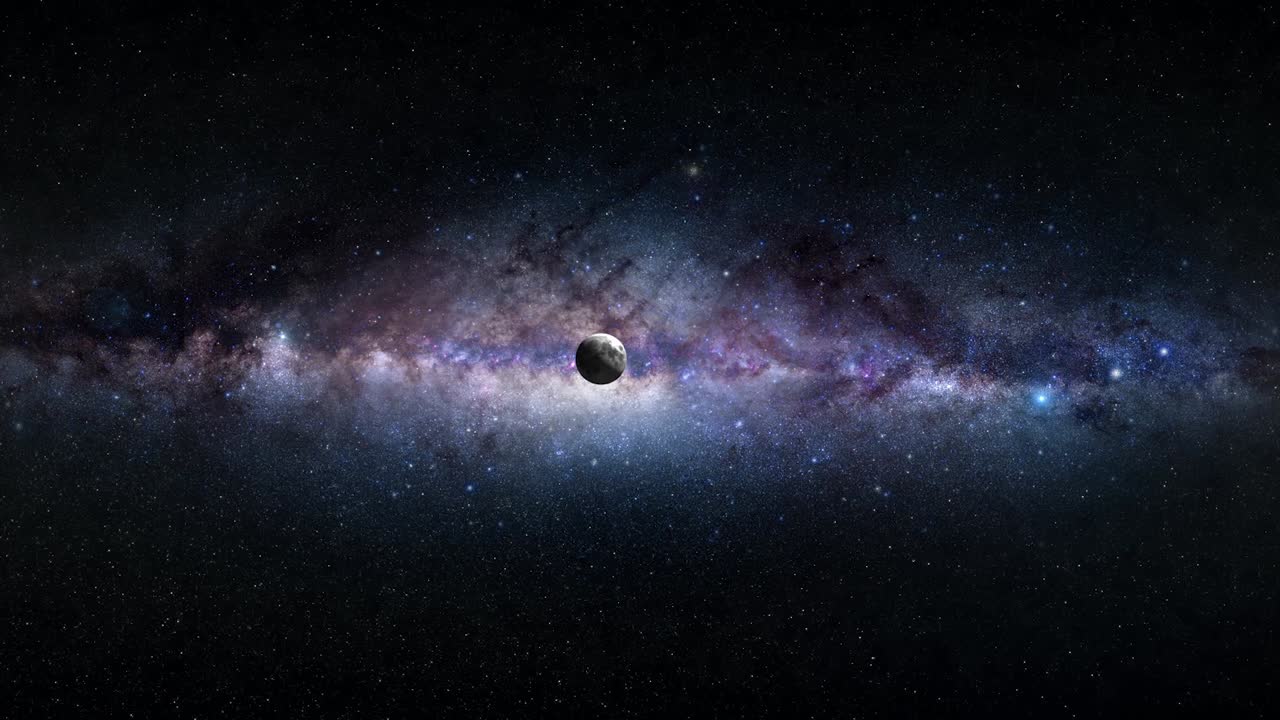 moviéndose a través del espacio lejos de la luna a la tierra con la vía láctea en el fondo