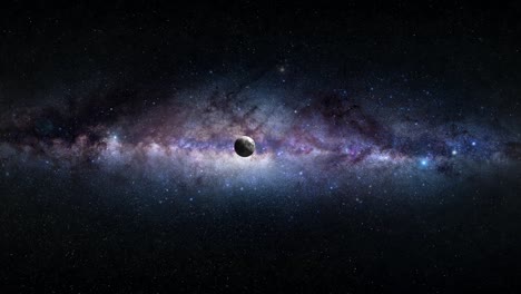 Bewegung-Durch-Den-Weltraum-Vom-Mond-Zur-Erde-Mit-Der-Milchstraße-Im-Hintergrund